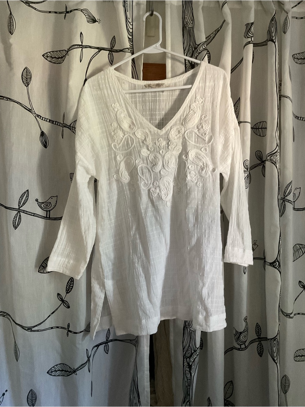 Soft Surroundings White Cotton Embroidered V-Neck Blouse